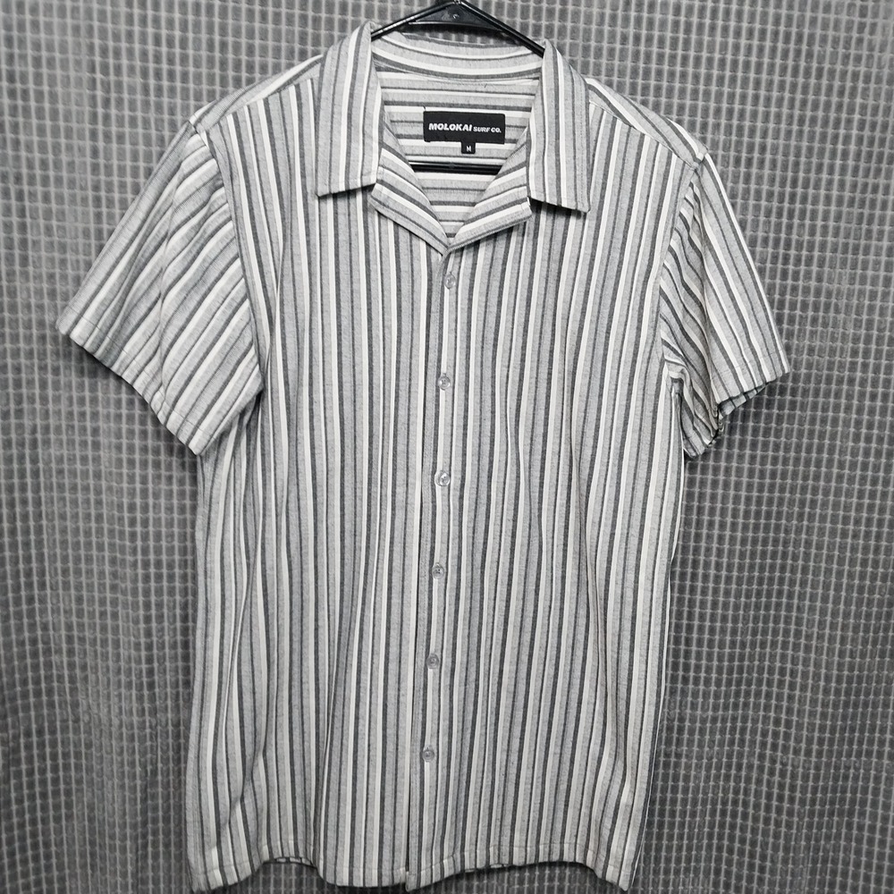 Molokai Surf Co. Button Up Shirt Mens Striped Camp Collar M Gray